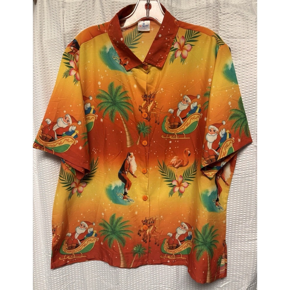 La‎ Leela Men's SZ Large Hawaiian Shirt Santa Tropical Flamingo Reindeer Sleigh